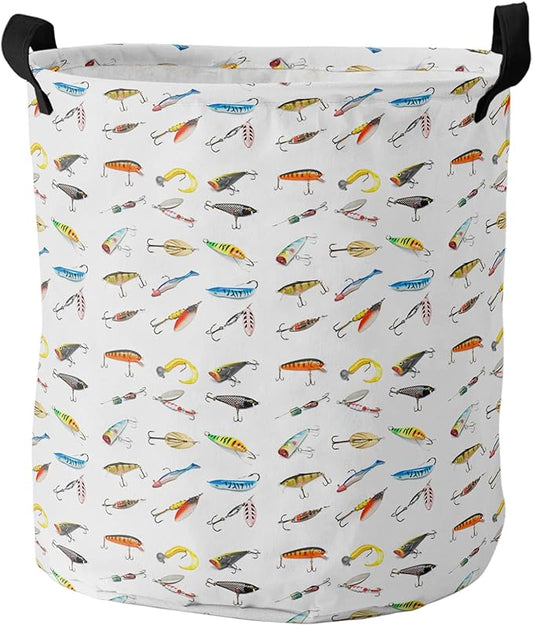 17-inch Laundry Hamper Foldable Laundry Basket, Seaside Fishing Waterproof Clothes Hamper for Bathroom Bedroom Living Room, Various Fish Hook Patterns Toy Baskets for Dollhouse