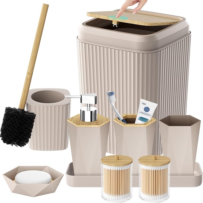 Bathroom Accessories Set - Unbreakable Beige Bathroom Set, Trash Can, Toilet Brush with Holder, Soap Dispenser, Toothbrush and Toothpaste Holder, Tumbler, Soap Dish, Qtip Holders, Tray, Bamboo Decor