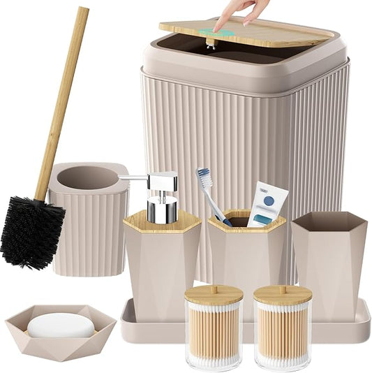 Bathroom Accessories Set - Unbreakable Beige Bathroom Set, Trash Can, Toilet Brush with Holder, Soap Dispenser, Toothbrush and Toothpaste Holder, Tumbler, Soap Dish, Qtip Holders, Tray, Bamboo Decor