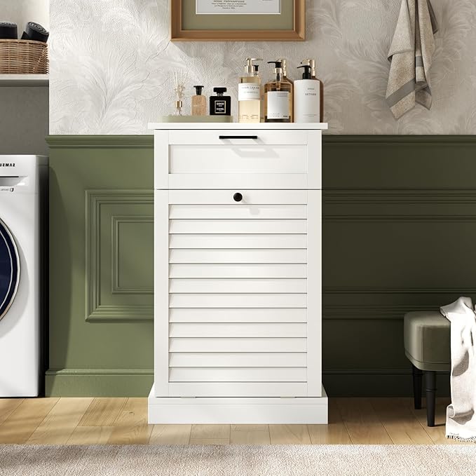 Loomie Upgraded Tilt Out Laundry Hamper Cabinet, Trash Can Cabinet with Shutter Front & Drawer, Hidden Garbage Can Bin Cabinets with Laundry Storage Basket for Bathroom, Kitchen (White, Single)