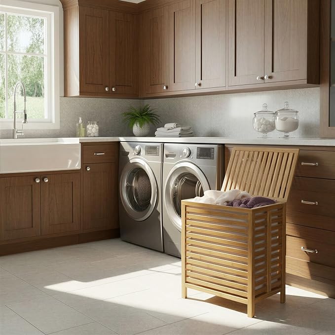 Household Essentials Bamboo Laundry Hamper, Slated Hamper with Natural Cotton Bag, Removable Bag and Foldable Frame, Chic and Environmentally Friendly