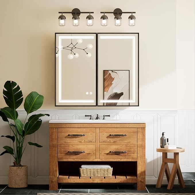 TETOTE Black Lighted Medicine Cabinet Mirror for Bathroom 36 x 30 Led Medicine Cabinet Recessed or Wall Mounted with 2 Door, Tempered Glass, 2 Outlets, 3-Color Dimming, Anti-Fog, Adjustable Shelf