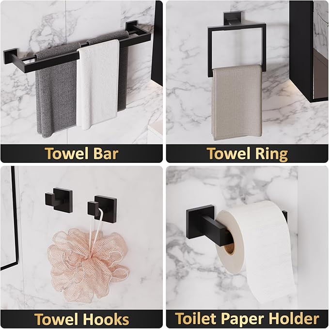 10-Pieces Bathroom Hardware Set,23.6inch Wall Mounted Double Towel Bar Set，Towel Rack&Toilet Paper Holder&Towel Ring and Towel Hook;Bathroom Accessories Set(Matte Black)