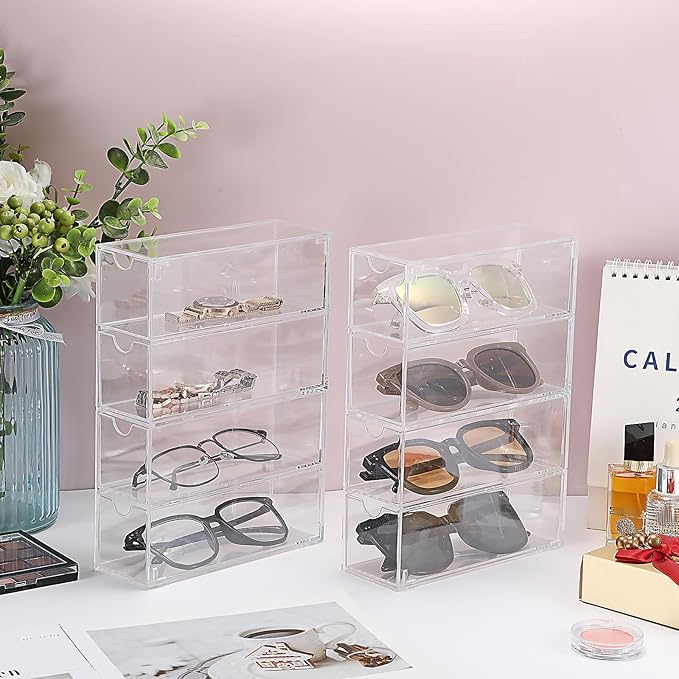 Hipiwe Acrylic Sunglasses Organizer, 2 Pack Glasses Case Multiple Pairs Eyeglass Storage Organizer Sunglass Display Case with 4 Drawer Acrylic Storage Drawers for Jewelry Watch