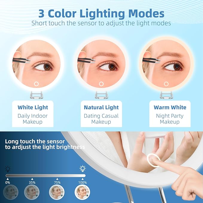 10X Magnifying Mirror with Lights, 6inch Makeup Magnified Mirror 10x Lighted Travel Magnification with 3 Suction Cups and 360° Adjustable Stand - Includes Tweezers & Scissors