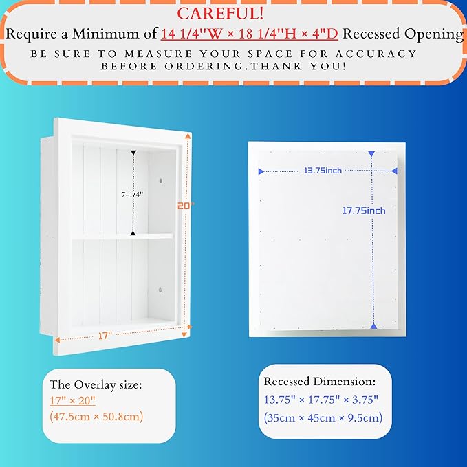 14 × 18 Medicine Cabinet Recessed, Wall Niche, Bathroom Wall Cabinet, 3-Tier, Between Studs Shelving for Drywall, (Beadboard Back/White)