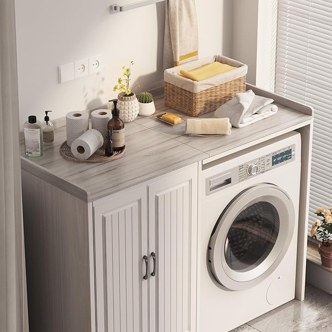 54"×27.5"×2" Foldable Washer Dryer Countertop, Solid Wood Laundry Storage Shelf, Heavy-Duty Folding Table for Washing Machine Organization(Oak)