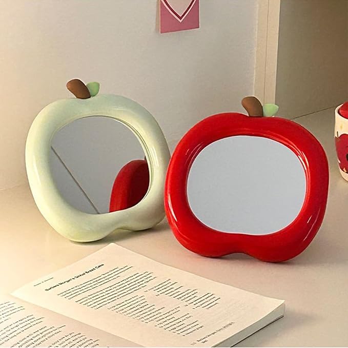 Apple Shaped Makeup Mirror - 6.22x6.3 Inch Portable Vanity Mirror with Stand, Cute Desk Decor for Bedroom, Bathroom & Office (Green)