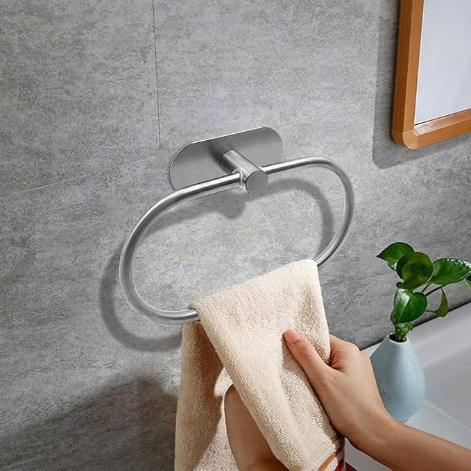Self Adhesive Towel Ring, Brushed Nickel Adhesive Hand Towel Holder Stainless Steel Oval Hand Towel Ring No Drilling Modern Hand Towel Hanger for Bathroom Kitchen Accessories