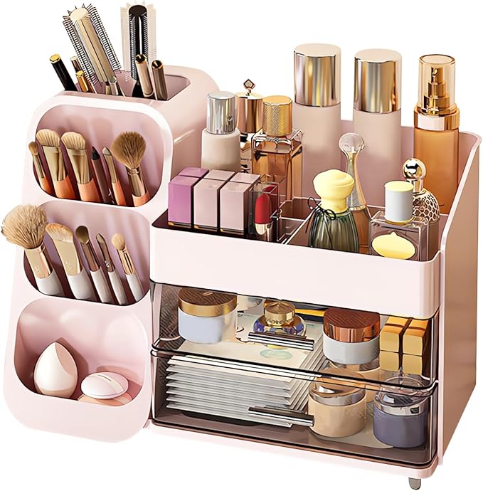 DASITON Makeup Organizer with Brush Holder for Vanity, Bathroom Countertop Organizer with 2 Drawers, Large skincare storage organizers for perfume, lipstick, Nail Polishes and Beauty Essential (Pink)