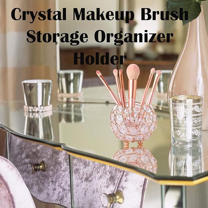 AKOAK 1 Pack Crystal Makeup Brush Holder Organizer, Makeup Comb Brush Eyebrow Pen/Pencil Cup Collection Storage Container, Candle Holder Decoration Tray for Vanity, Bathroom, Bedroom and Office
