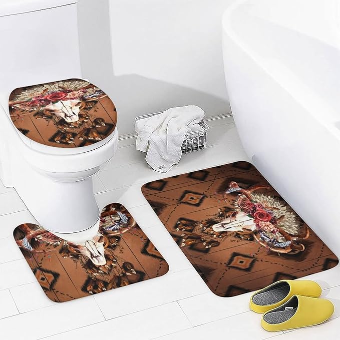 West Country Deer Skull 4 Piece Shower Curtain Sets, Non-Slip Rugs, Toilet Lid Cover and Bath Mat, Durable and Waterproof, for Bathroom Decor Set One Size