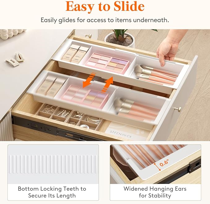 Lifewit Sliding Makeup Drawer Organizer, Fits 13-20" Deep Drawers, Extendable Hanging Divider, 1.8" High Plastic Tray for Vanity, Office, Kitchen, White, 2Pcs