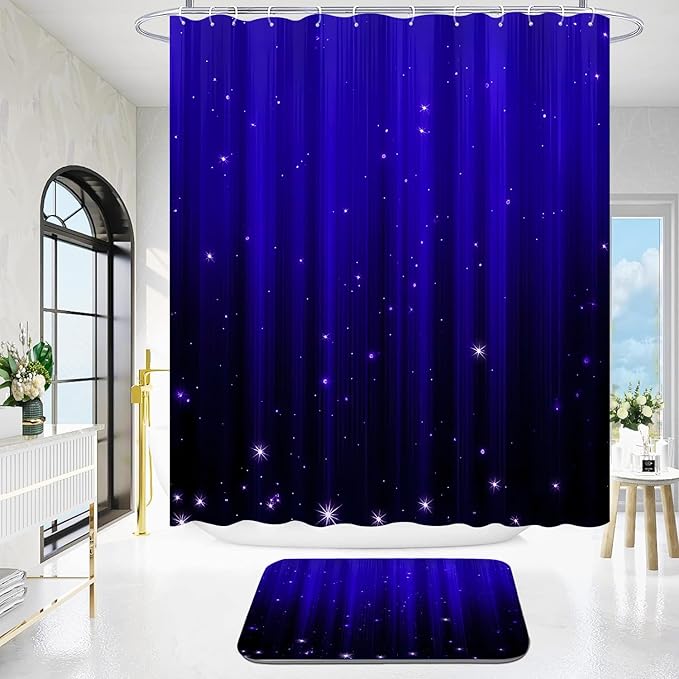 Yddsky 4 Pcs Blue and Black Shower Curtain Sets Non-Slip Rugs Bath Mat Toilet Cover, U-Shaped Mat, Gradient Shower Curtain with 12 Hooks, Modern Abstract Bathroom Set Bathroom Decor