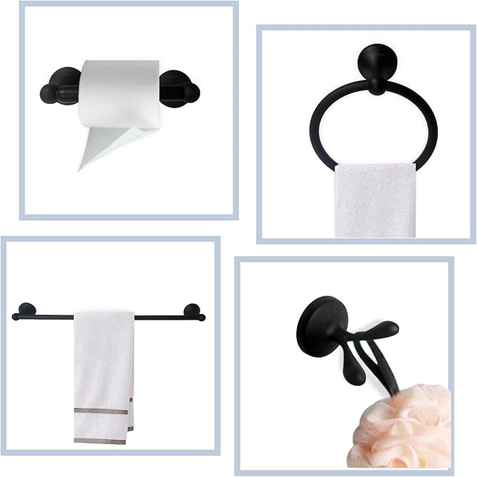 SUNTAI 4 Piece Bathroom Accessory Set(Adjustable Towel Bar, Towel Ring, Toilet Paper Holder,Towel Hook), Wall Mounted Bathroom Hardware Accessories Set,Matte Black