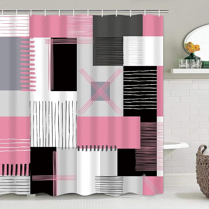 All Smiles Shower Curtain Sets Pink Bathroom Sets with Shower Curtains and Rugs Modern Home Bathroom Décor Accessories,Shower Curtains Waterproof with Non-Slip Rugs Toilet Lid Cover and Bath Mat