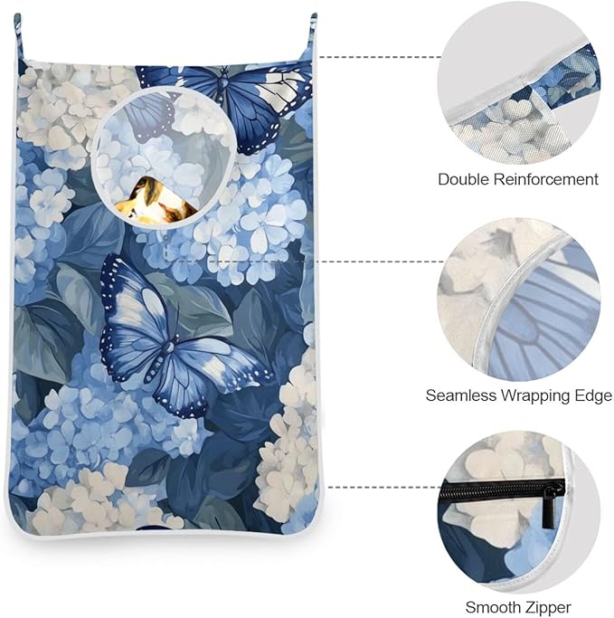 Blue Hydrangea and Butterfly Door Hanging Laundry Hamper Bag with Free Adjustable Stainless Steel Hooks Dirty Clothes Hamper Extra Large Over the Door Laundry Hamper 29.5X20inch 1 PCS