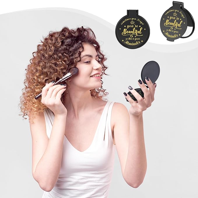 18 Pcs 2.76 Inch Inspirational Compact Mirror Bulk Women Small Gifts Graduation Party Favors Purse Mirror Pocket Mini Stuffer Items for Adult Coworker Cheerleader Employee (Black)