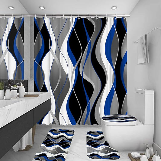 beifivcl 4Pcs Blue Shower Curtain Sets with Non-Slip Rugs, Toilet Lid Cover and Bath Mat, Black and Gray Bathroom Decor Set Accessories Fabric Waterproof Shower Curtains with 12 Hooks, 72 x 72 Inch