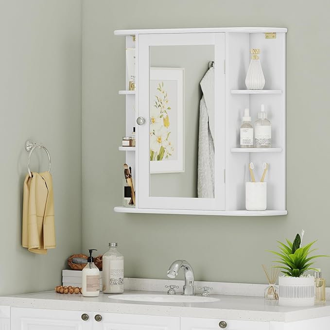 Giantex Bathroom Medicine Cabinet, Wall Mounted Bathroom Mirror Cabinet with Mirrored Door & 4 Interior Shelves, 6 Open Shelves, Mounting Hardware, Space-Saving Storage Cabinet, White