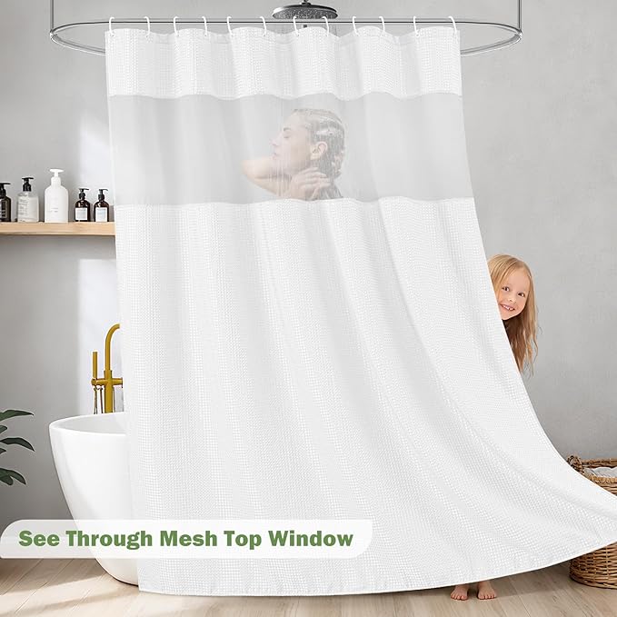 UFRIDAY White Waffle Weave Small Stall Shower Curtain Liner 36x72 inch,Hotel Style Bath Curtain with Mesh Top Window, Heavy Duty Thick Fabric Shower Curtain for Bathroom,Washable Water Resistant