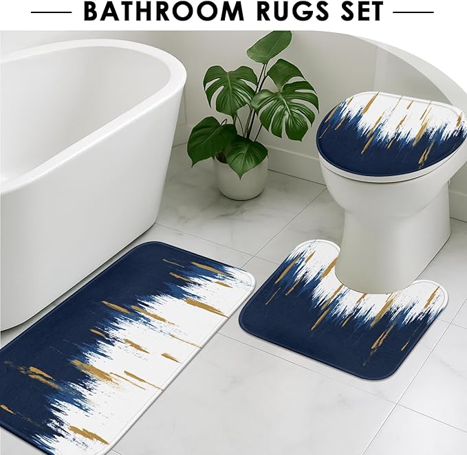 Blue Gold White Shower Curtain Set with Toilet Lid Cover and Non-Slip Rugs for Bathroom, Modern Oil Painting Abstract 4 Pcs Shower Curtain, Bathroom Set with 12 Hooks