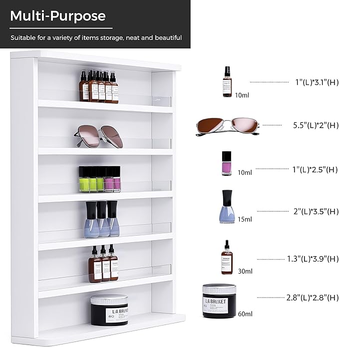 Kikihouse Nail Polish Rack, 6 Tiers Nail Polish Storage & Display Shelf w/Acrylic Baffles, Wall Mount Wood Nail Polish Organizer Perfume Bottles Essential Oil Holder for Home & Salon, White