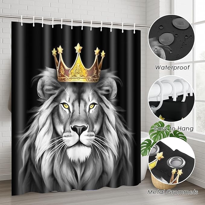 ArtSocket Black Bathroom Set with Shower Curtain and Rugs and Accessories, Gold Grey Lion African American Shower Curtain, Lion Bathroom Decor 4 Pcs