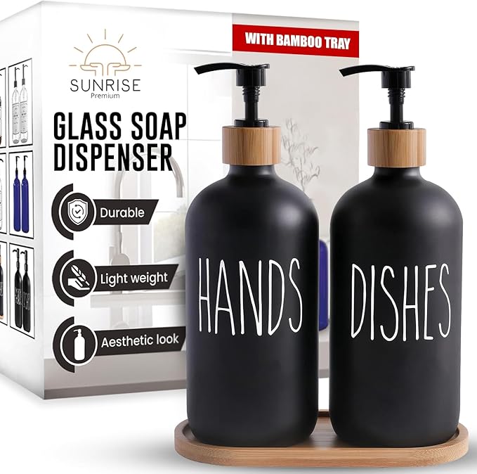 Sunrise Premium 16 OZ Thick Black Glass Soap Dispenser, Bamboo Pump with Tray 2 Pack, Hand and Dish Soap Dispenser Set for Bathroom with 6 Waterproof Labels