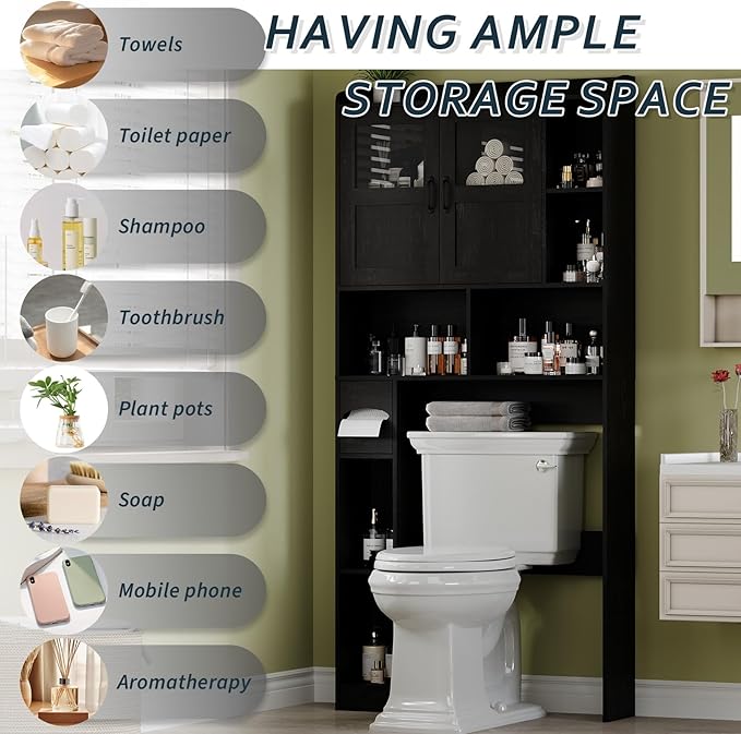 Farmhouse Style Over Toilet Storage Cabinet, 67" Tall Bathroom Organizer Unit with Sliding Barn Doors & Open Shelving for Bathroom, Neutral Wood Grain Finish
