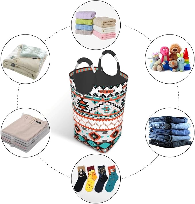 Ethnic Aztec Print Laundry Basket Southwest Laundry Hamper Orange Collapsible Baskets with Handle Dirty Clothes Hamper Bag for Dorm Family Bathroom Decor Storage 50L