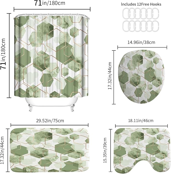 Muuyi 4Pcs Sage Green Geometric Shower Curtain Set, Neutral Modern Art Deco Shower Curtain with Hooks, Elegant Trendy Simple Bathroom Sets with Shower Curtain and Rugs, 71 * 71in
