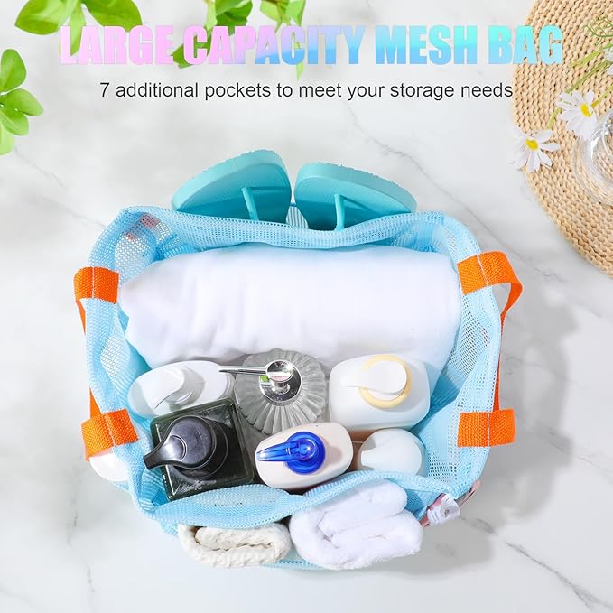 Talltalk 3 Pcs Mesh Shower Caddy Portable with Drawstring Dorm Essentials with 8 Pockets Hanging Shower Caddy Basket Quick Dry Toiletry for College Bathroom, Camping, Swim, Gym (Macarons Color)