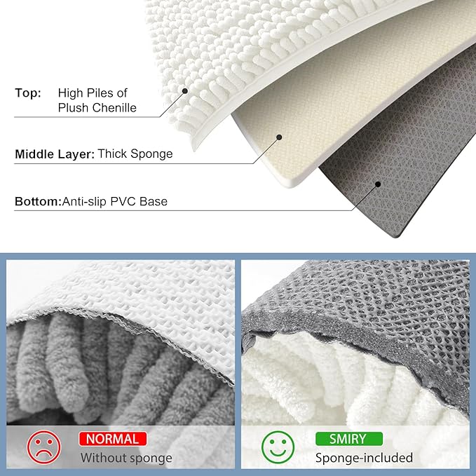 Smiry Luxury Chenille Bathroom Rugs 48x32, Extra Soft and Absorbent Shaggy Bath Mat, Machine Washable, Non-Slip Plush Carpet Runner for Tub, Shower, and Floor, Home Decor Accessories, Ivory