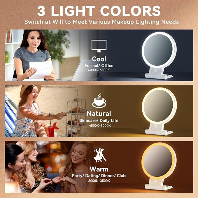 Auxmir 1X/30X Magnifying Mirror with Light, Double Sided Makeup Mirror with Adjustable 3 Color Light, 2000mAh Rechargeable Lighted Magnifying Mirrors with Tweezer, Foldable Travel Mirror with Rotation