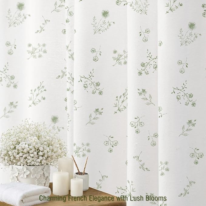 Sage Green Floral Farmhouse Vintage Cotton Shower Curtain, French Country Shower Curtains for Bathroom, 72Wx72H