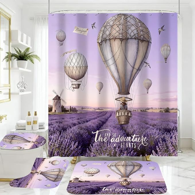 jieprom 4 Piece Purple Lavender Shower Curtain Set with Rugs, Hot Air Balloon & Windmill Landscape Art, Romantic French Country Aesthetic Bathroom Decor, Non-Slip Mats, Waterproof Fabric