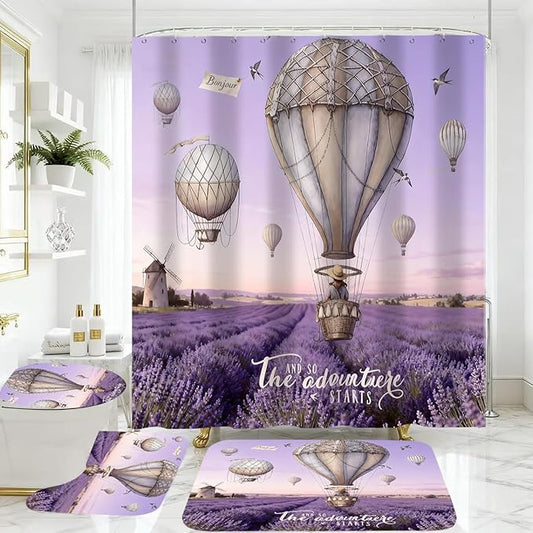 jieprom 4 Piece Purple Lavender Shower Curtain Set with Rugs, Hot Air Balloon & Windmill Landscape Art, Romantic French Country Aesthetic Bathroom Decor, Non-Slip Mats, Waterproof Fabric
