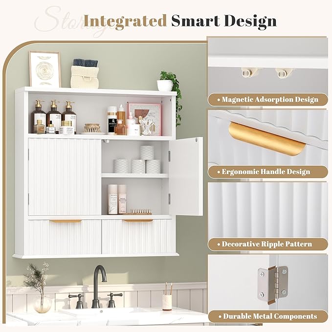 Fluted Bathroom Wall Cabinet with Drawers, Wooden Medicine Cabinet Organizer Over The Toilet, Wall Mounted Storage Cabinet with Open Shelf for Bathroom, Kitchen, and Laundry Room (White)