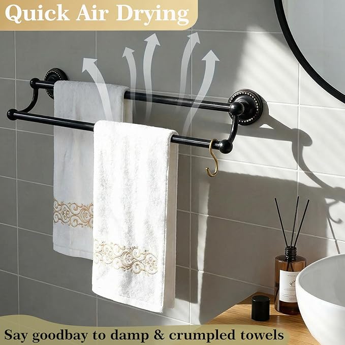 Brass Double Towel Bar, Adjustable Antique Black Towel Racks for Bathroom Wall Mounted Fits 14-25.4 Inch Centers, Heavy Duty Rustproof Bathroom Towel Rod Holder for Kitchen, Laundry Room, Hotel