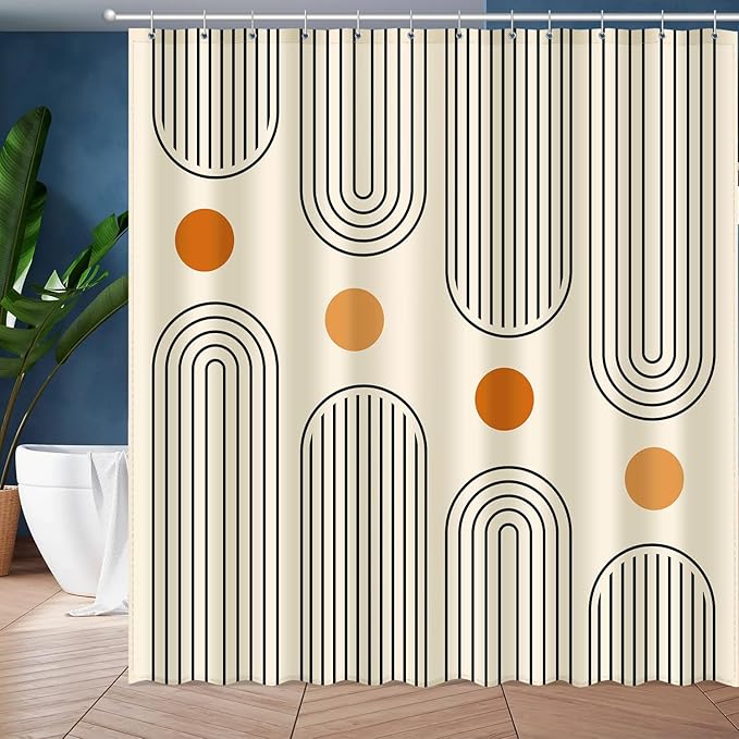 Boho Mid Century Shower Curtain Set, Modern Minimalist Arch Lines Sun Abstract Aesthetics Bathroom Decor, Waterproof Fabric Beige Bohemian Bath Curtain with 12 Hooks 72x72 inches