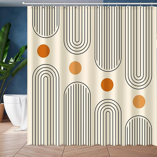Boho Mid Century Shower Curtain Set, Modern Minimalist Arch Lines Sun Abstract Aesthetics Bathroom Decor, Waterproof Fabric Beige Bohemian Bath Curtain with 12 Hooks 72x72 inches