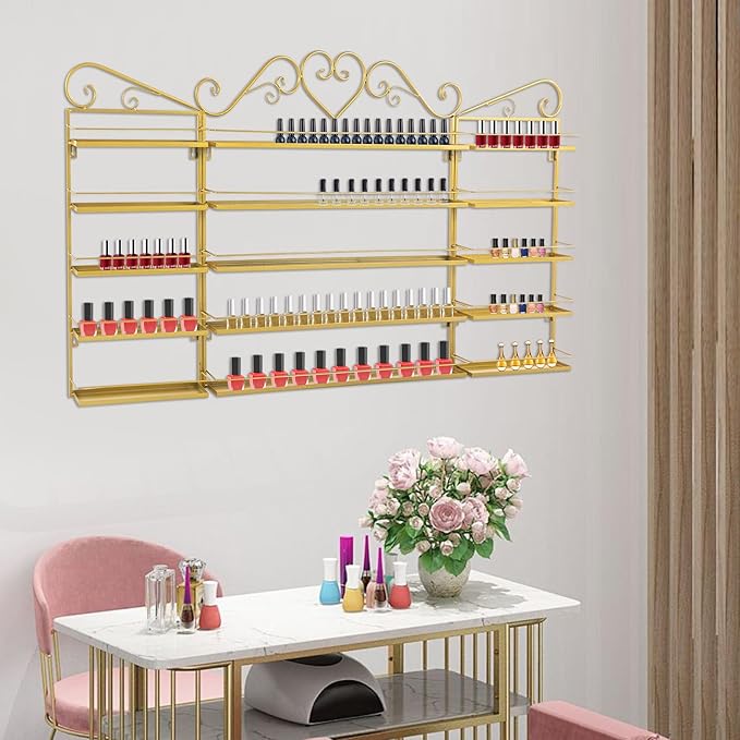 Wall-Mounted Nail Polish Rack, Set of 3 Rectangular Gold Nail Polish Shelf Lipstick Perfume Cosmetic Display Shelf for Home Spa Nail Salon Shop