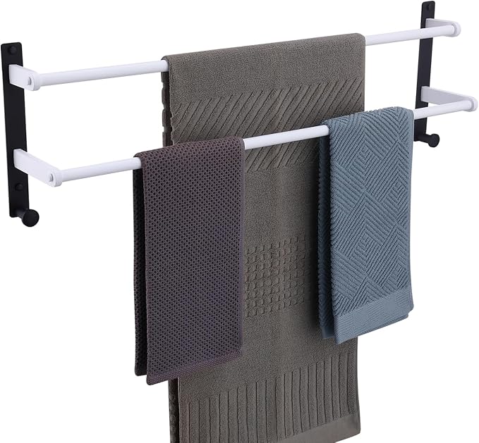 Double Towel Bar with Hooks for Bathroom Wall - 30" Double Layer Stainless Steel Towel Holder Rack, Heavy Duty Long Towel Hanger, White & Black