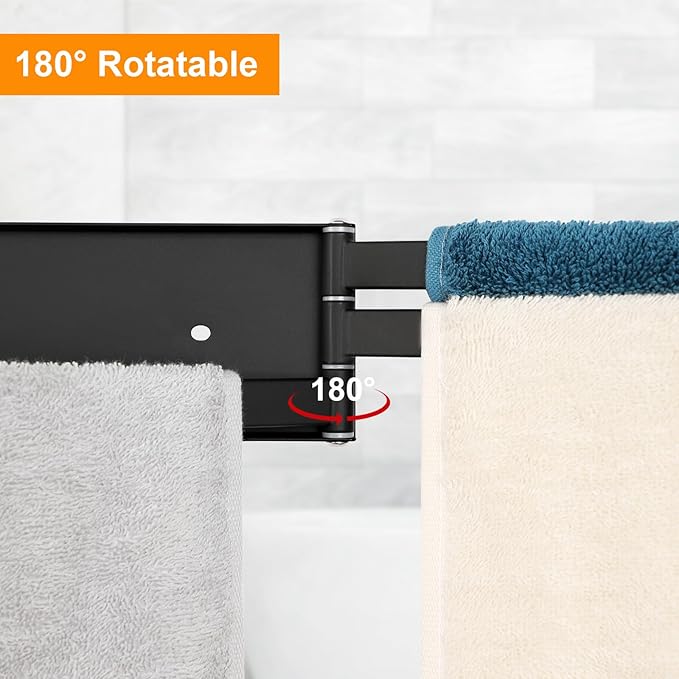 Swivel Towel Rack, 16 inch Extra Long Thickened Stainless Steel 3-Arm Towel Bar, Space Saving Wall Mounted Towel Holder, Rustproof Swing Out Towel Hanger for Bathroom, Kitchen (Matte Black)