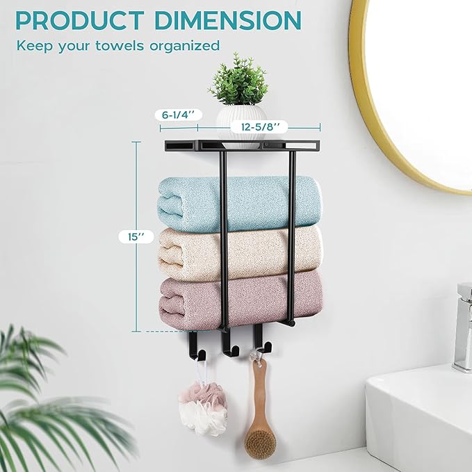 Wall Mounted Towel Racks for Bathroom, Onader 15 Inch Black Bath Towel Holder with Metal Shelf and 3 Hooks