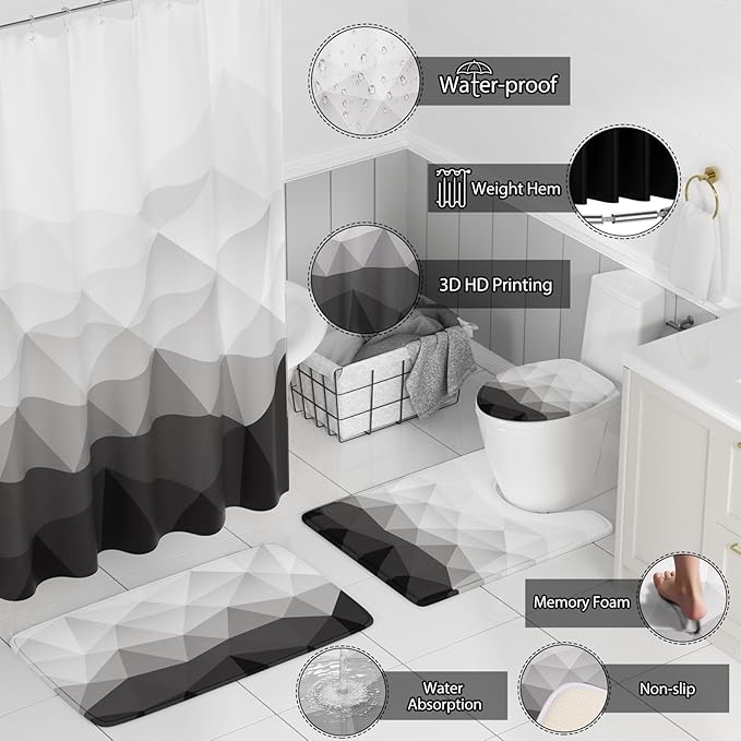 XLHOMO Bathroom Accessory Set - 26PC Bathroom Shower Curtain and Rug Set, Bathroom Accessories Set, Grey Bathroom Set with Trash Can, Toilet Brush, Qtip Holder & Soap Dispenser