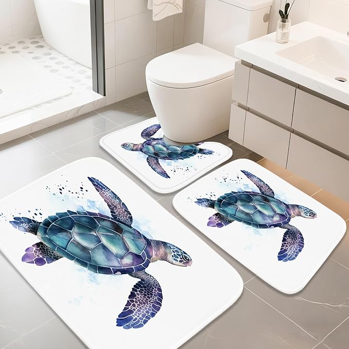 Funny Sea Turtle Ocean Animal Cartoon Bathroom Sets with Shower Curtain and 20 x 31 Rugs Bathroom Accessories Sets Decor with Bath Rug, Bath Mat, U-Shaped Contour and Hooks 72 x 72 Inch Teal Purple
