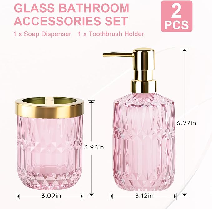 Glass Bathroom Accessories Set, 2PCS Clear Glass Bathroom Accessory, Toothbrush Holder and Soap Dispenser Set for Modern Bathroom Decor(Pink)
