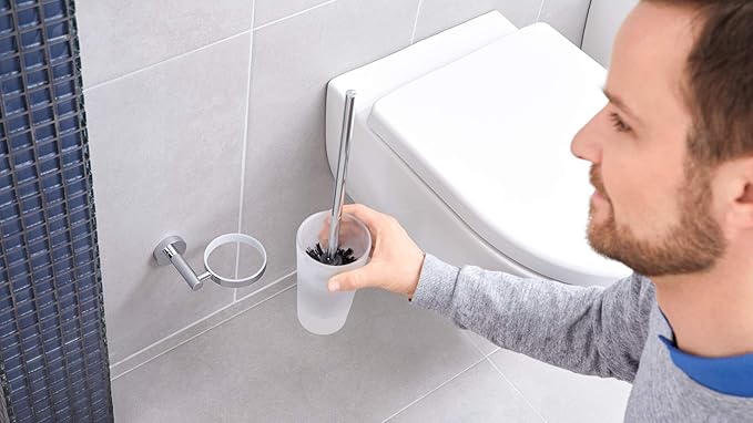 tesa EXXCELLENT Toilet Brush Holder - Wall-Mounted, Stainless-Steel Toilet Brush with Bowl in Frosted-Glass Design - Waterproof, incl. Power.Kit Adhesive Solution - 445mm x 94mm x 136mm